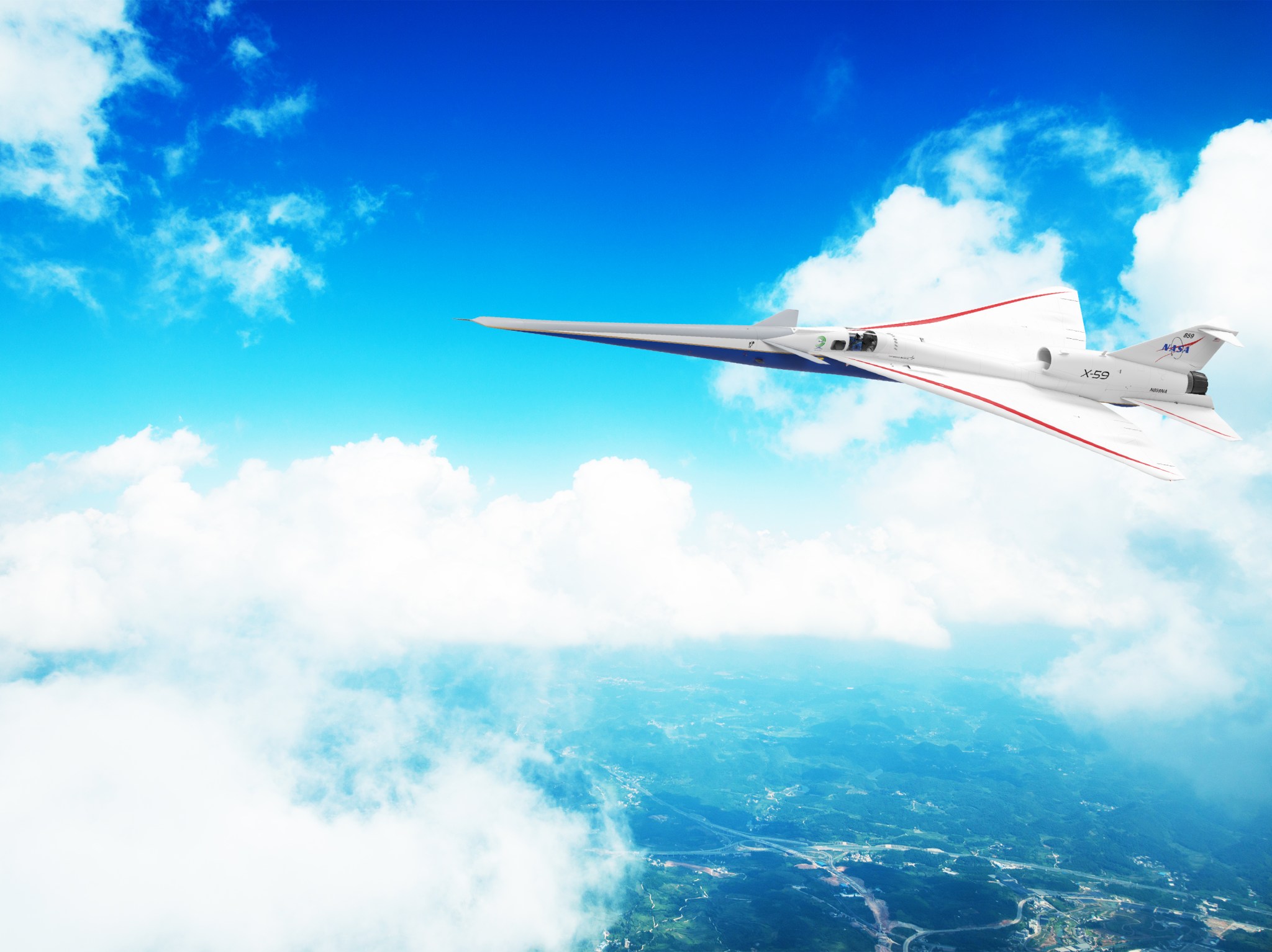 An aerial view of the artist illustration of the X-59 in flight over land flying through the clouds.