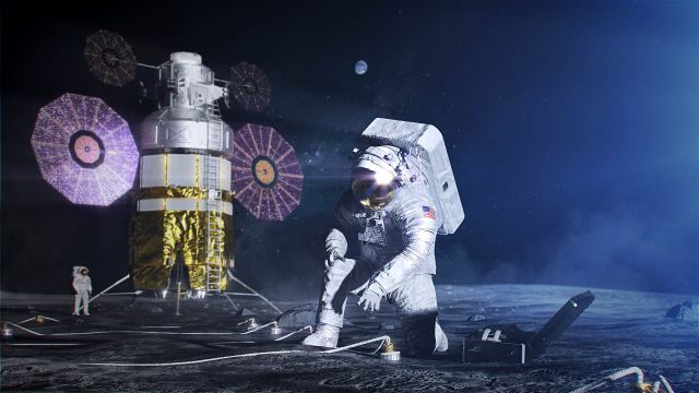 A NASA artist's concept of an astronaut in an exploration space suit setting up a science experiment on the lunar surface.