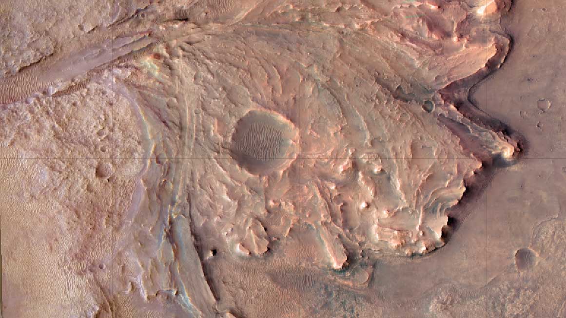 This image from a map of Jezero Crater shows the area NASA’s Perseverance Mars rover is currently exploring, including Belva Crater, just below the center of the image.