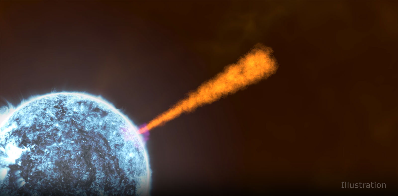 A jet of particles pierces a star as it collapses into a black hole in this artists concept of a typical gamma-ray burst. The star, in the lower left corner, is swirled with light blue and gray features on its surface.