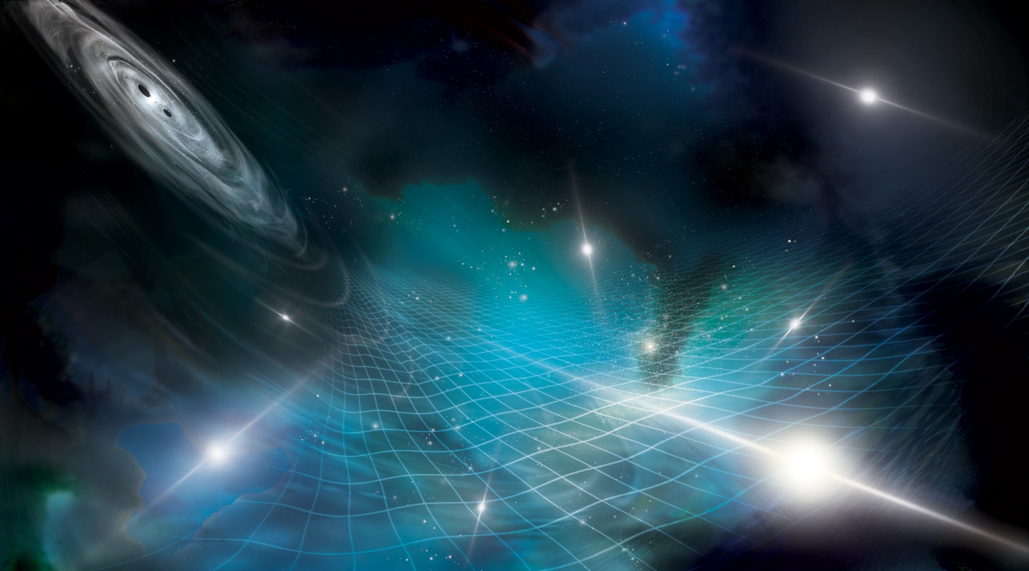 This artists concept shows stars, black holes, and nebula laid over a grid representing the fabric of space-time.