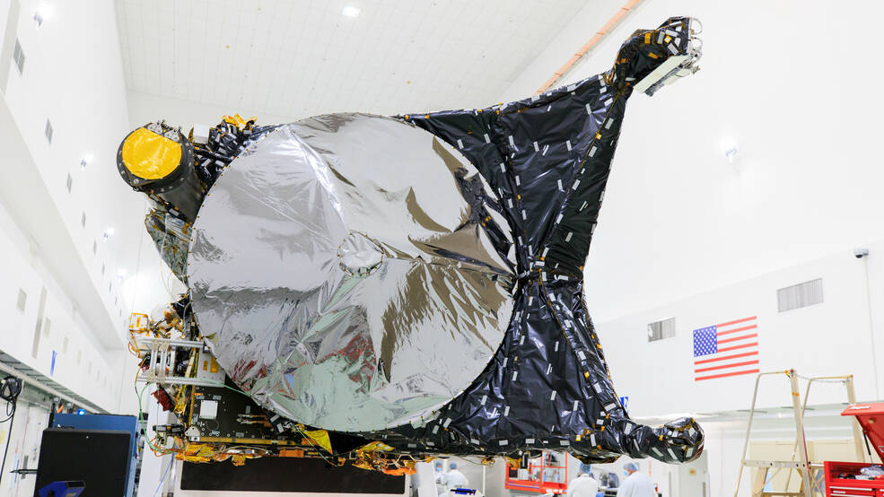 The high gain antenna of NASAs Psyche spacecraft takes center stage in this photo, captured at the Astrotech Space Operations facility near the agencys Kennedy Space Center.