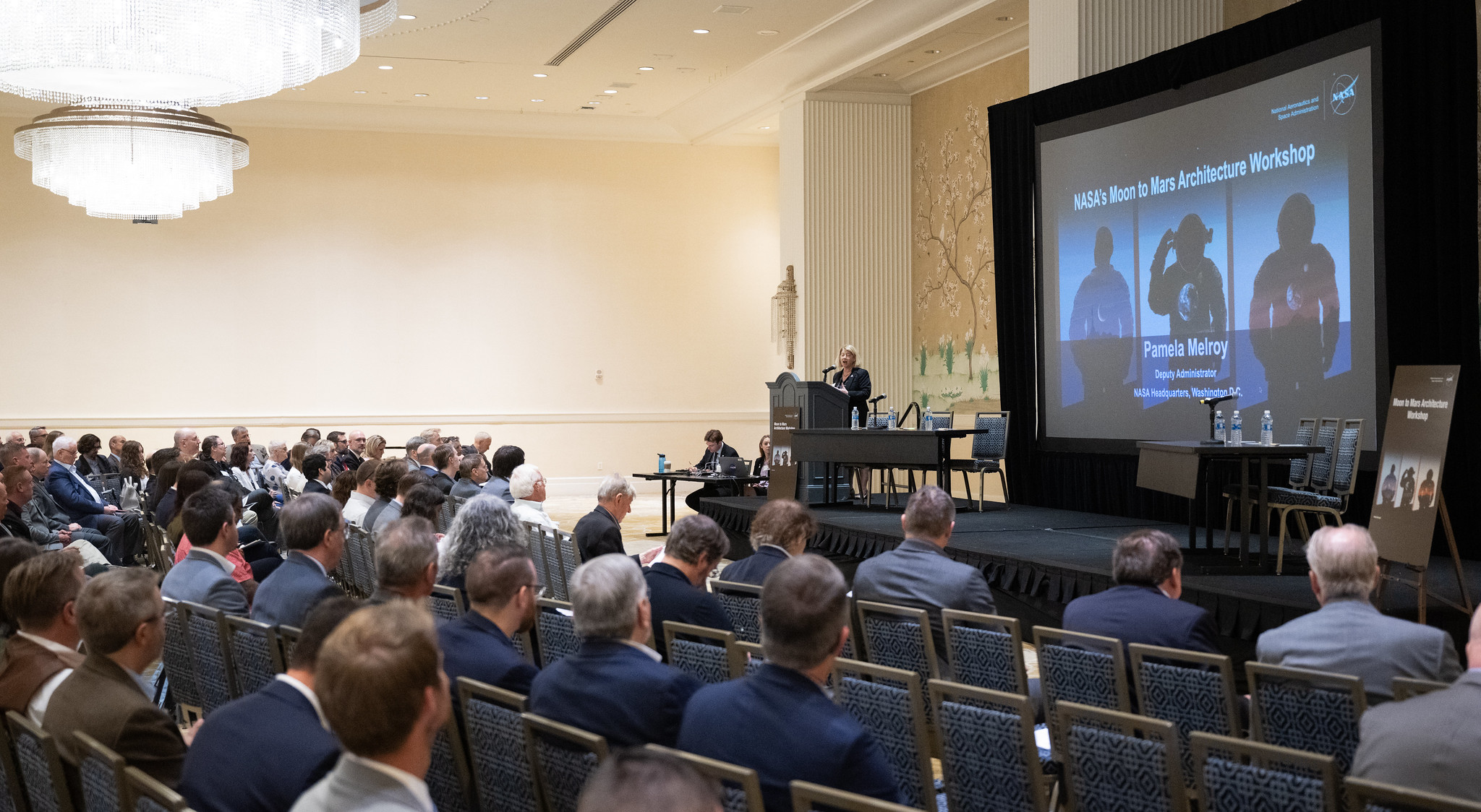 NASA Deputy Administrator Pam Melroy speaks to attendees at a Moon to Mars Architecture Workshop in June of 2023.