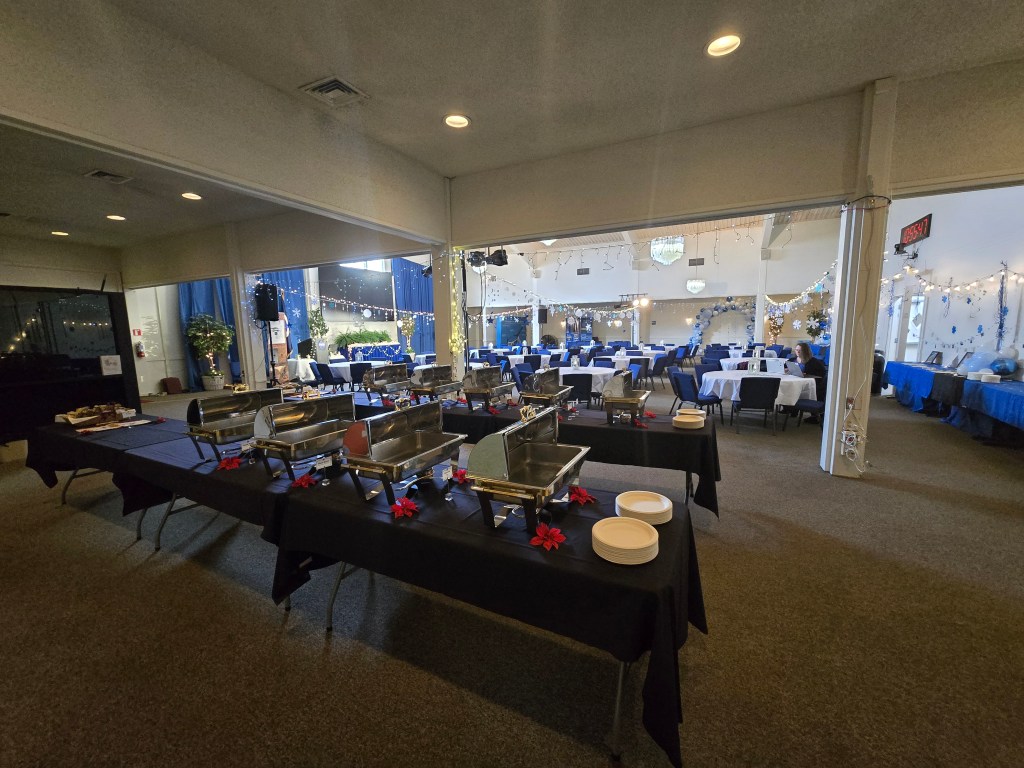 Image of event decorations and catering in the ballroom of the ARC Event Center