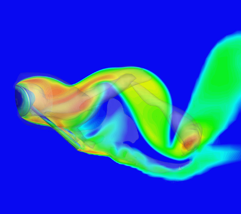 Contours of turbulence intensity and isosurfaces of mean vorticity from a simulation of flow past a wind tunnel model of the Orion crew module during reentry at Mach 0.5.