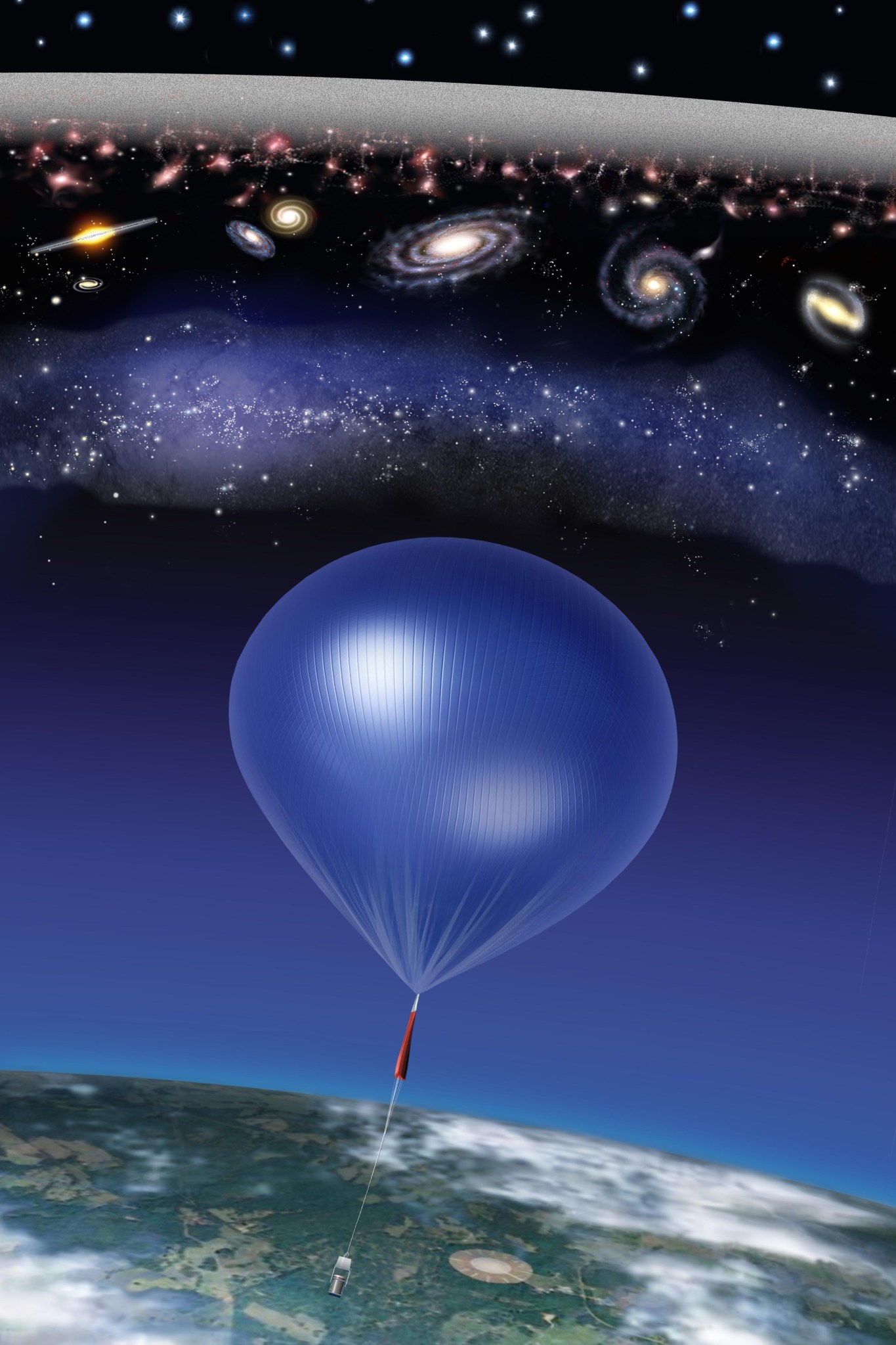 A near-transparent spherical balloon rises above Earth in this illustration. Near its top, the sky transitions from blue to the black of space, the stars in our galaxy, other galaxies in whites, yellows, and reds, and more distant galaxies in red that merge into a gray arc representing cosmic static in radio. Above this shine the first stars and galaxies in blue-white.
