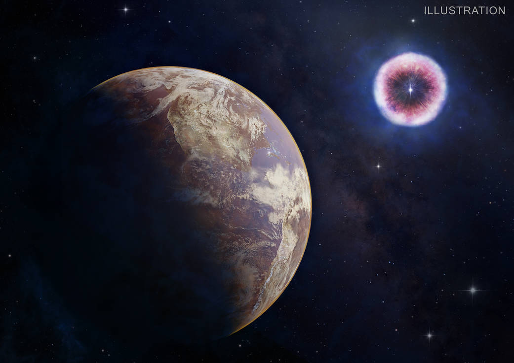 Artist’s illustration of a planet in the foreground in the months to years after a supernova explosion (seen in the background), affected by impact X-rays.