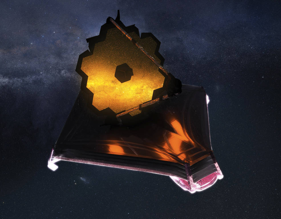 This artists concept depicts NASAs James Webb Space Telescope, fully deployed in space.