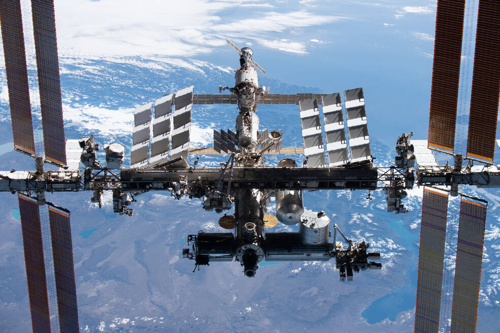 The International Space Station is pictured from the SpaceX Crew Dragon Endeavour during a fly around of the orbiting lab that took place following its undocking from the Harmony modules space-facing port.