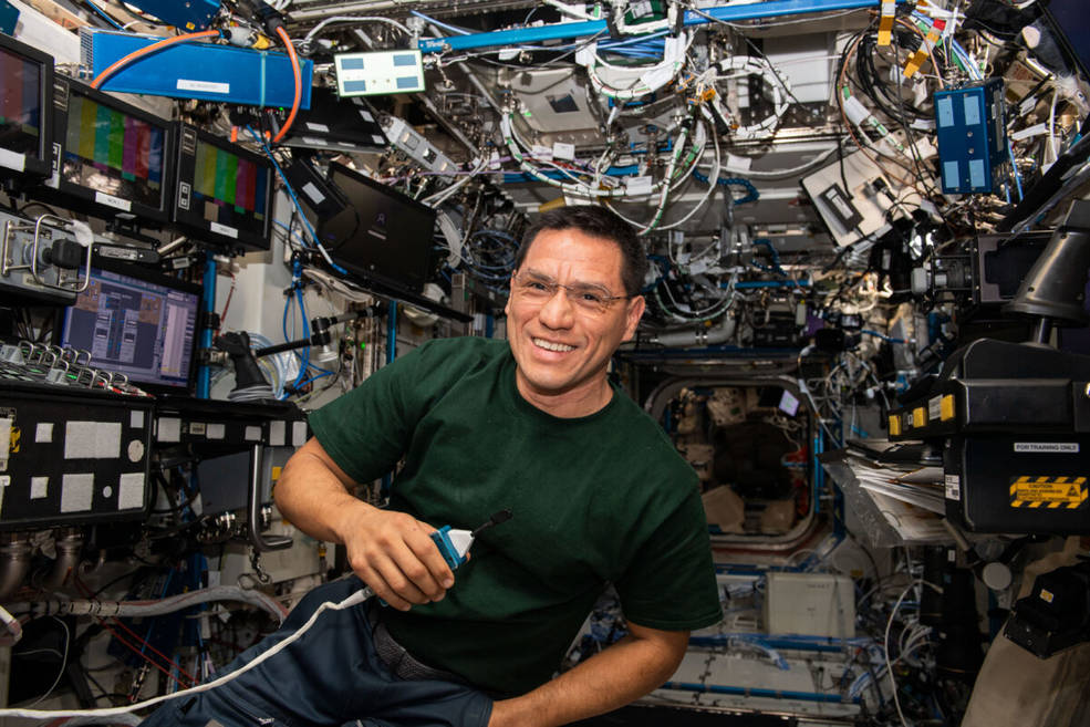 NASA astronaut and Expedition 68 flight engineer Frank Rubio is pictured inside the International Space Stations U.S. Destiny laboratory module.