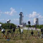 A SpaceX Falcon 9 rocket with the company's Dragon spacecraft on top is seen on the launch pad at Launch Complex 39A along with cameras set up by members of the media as preparations continue for the Crew-6 mission.