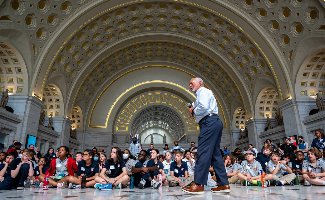 Former NASA Administrator Charlie Bolden speaks with local students during an Earth Day event, Thursday, April 20, 2023, at Union Station in Washington.