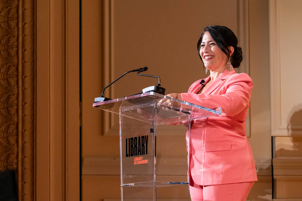U.S. Poet Laureate Ada Limón reads her poem for the Europa Clipper mission during an event with NASA, Thursday, June 1, 2023, in the Coolidge Auditorium at the Library of Congress in Washington.