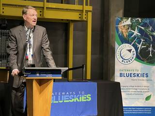 NASA Aeronautics TACP Director John Cavolowsky addresses 2023 Gateways to Blue Skies participants at the Awards Ceremony.