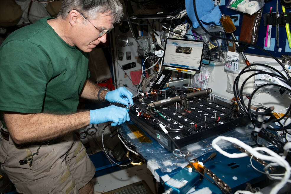 NASA astronaut Stephen Bowen wears glasses as he works on the space station. Multiple investigations have examined structural changes to astronauts eyes and vision during spaceflight.