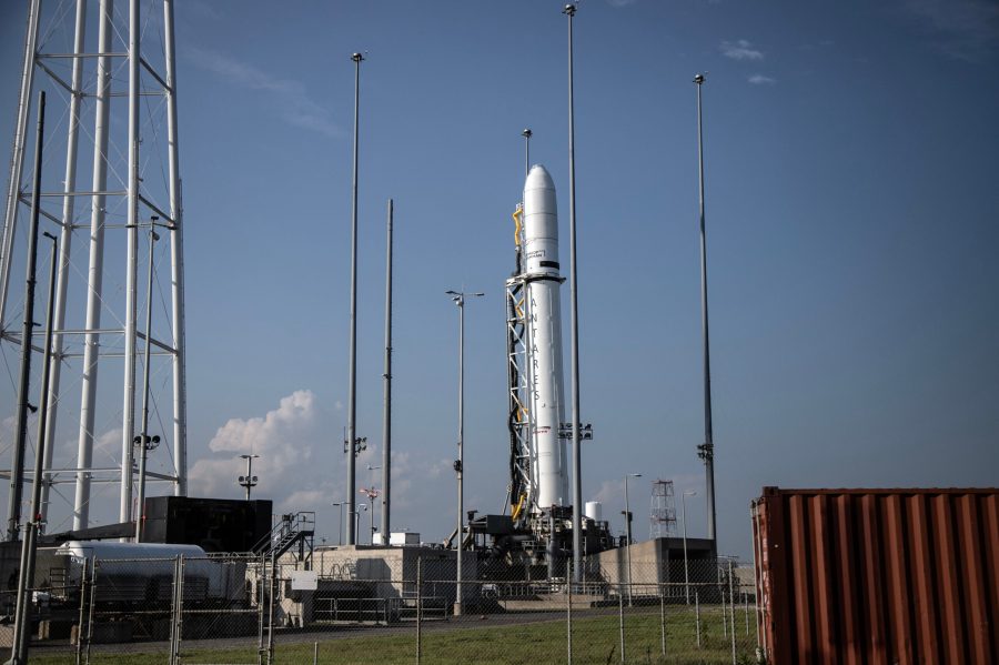 A Northrop Grumman Antares rocket carrying a Cygnus spacecraft loaded with cargo bound for the International Space Station is stood up vertical on Mid-Atlantic Regional Spaceport’s Pad-0A, Friday, July 28, 2023, at NASA's Wallops Flight Facility in Virginia. Photo Credit: (Northrop Grumman/Thom Baur)