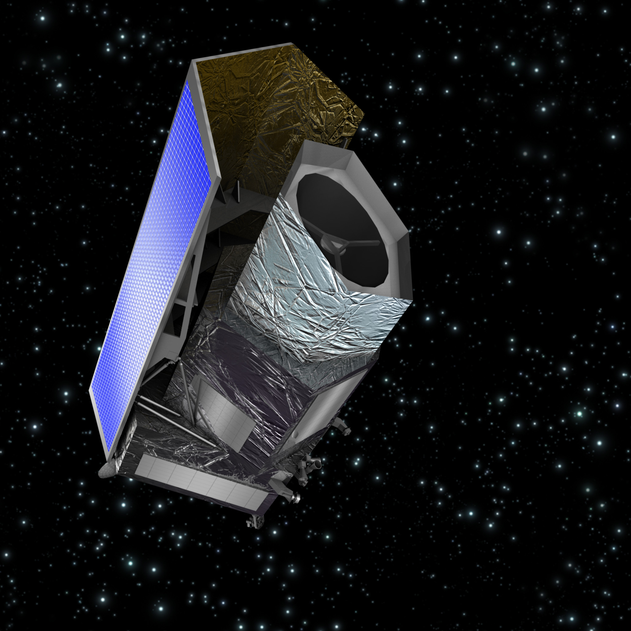 A roughly cylindrical spacecraft floats against a starry backdrop. The spacecraft is partly enclosed by solar panels topped with bright blue cells, and is wrapped in silver foil.