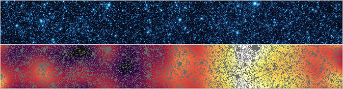 The image shows two horizontal strips. The top one shows blue sources on a black background. The bottom one subtracts those sources, which show as gray, to reveal a background of white, yellow, and red.