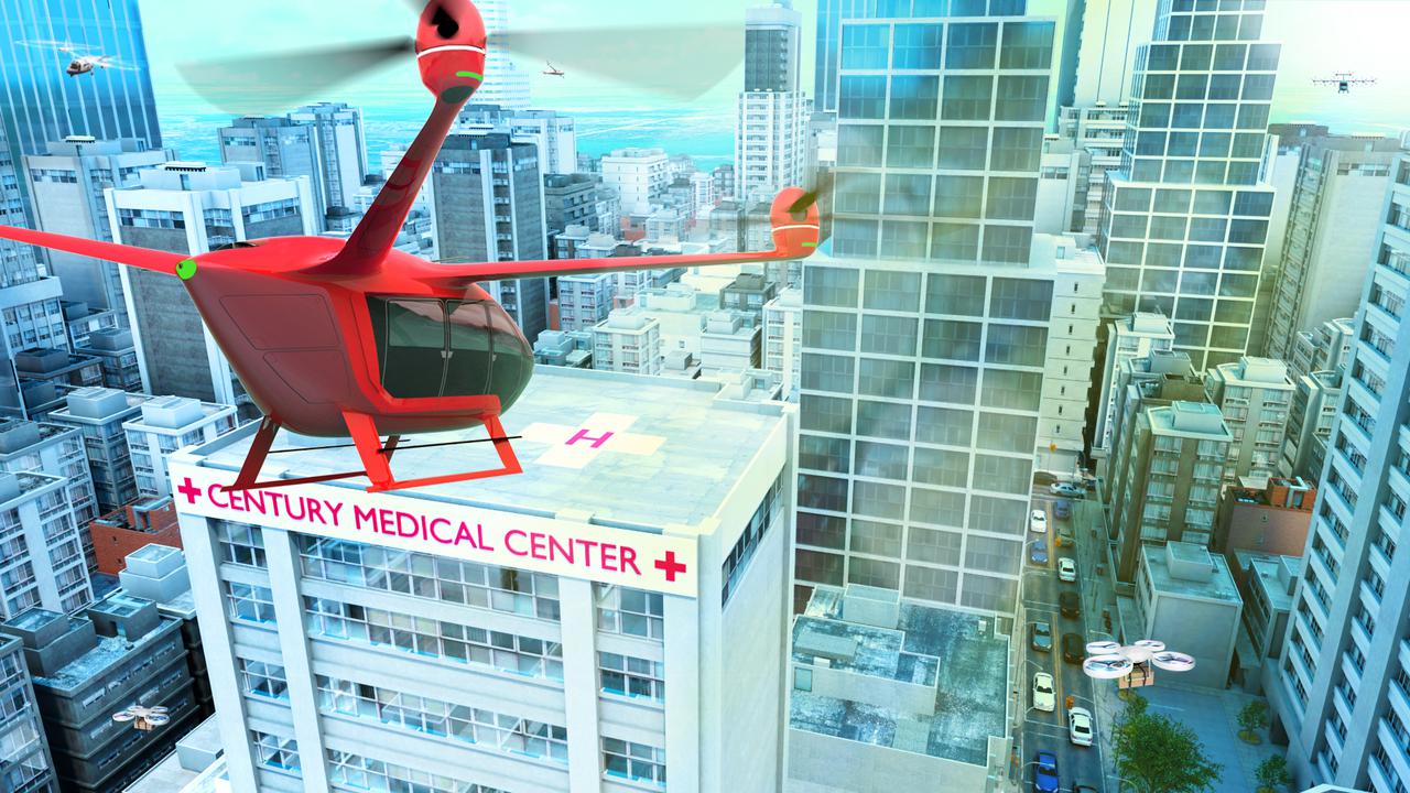 This concept graphic shows how a future AAM vehicle could aid in healthcare by carrying passengers to a hospital.
