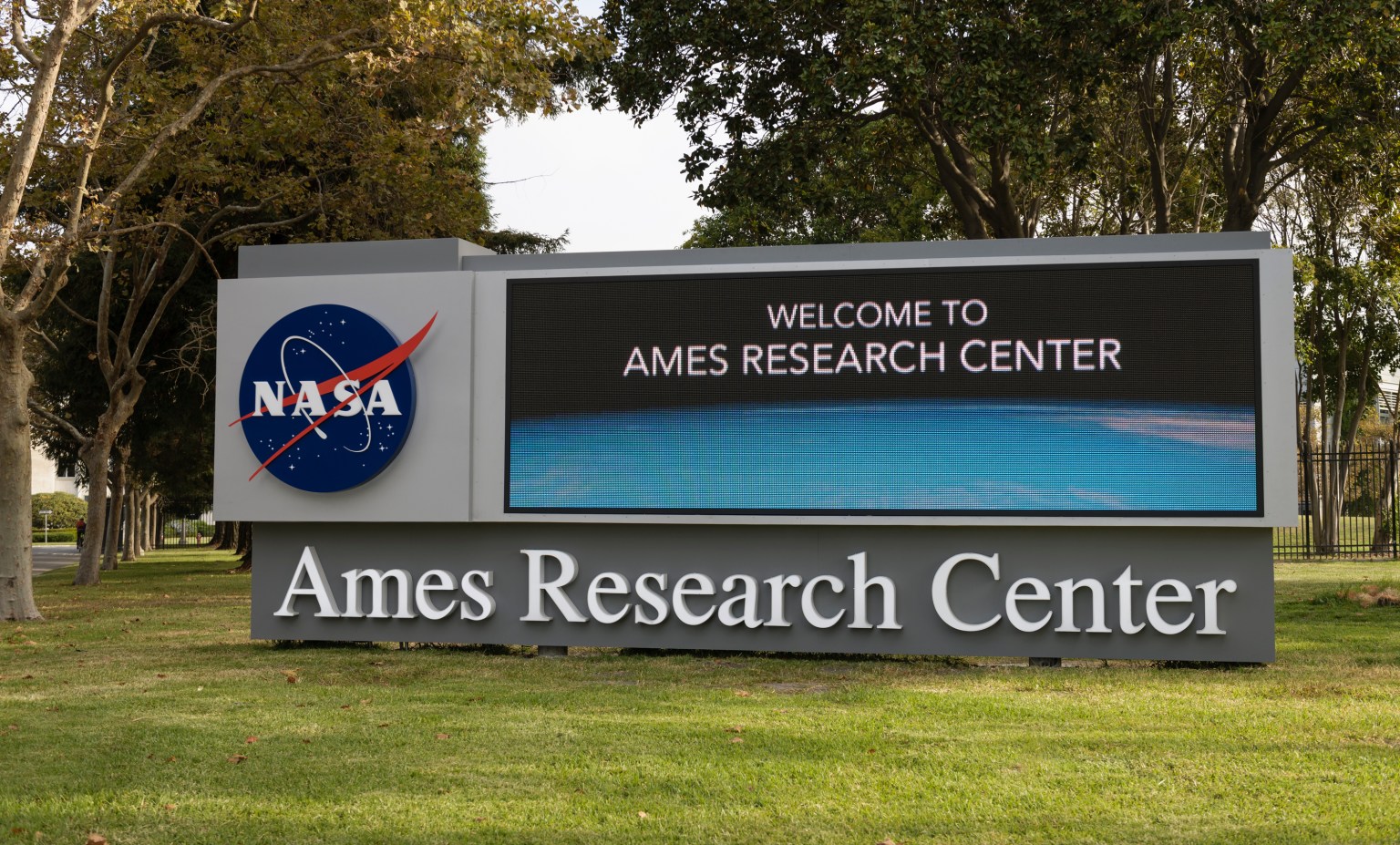 Electronic Ames Research Center sign a the corner of Arnold Avenue
