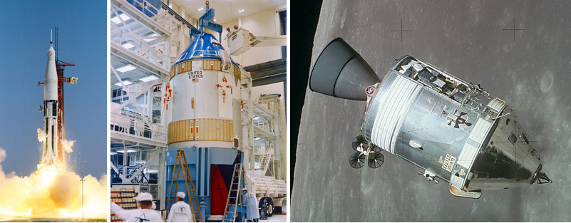 Left: Liftoff of Apollo AS-201, the first test of the Service Propulsion System (SPS) in space. Middle: Workers complete the installation of the nozzle on the SPS for the Apollo 7 spacecraft, the first crewed Apollo mission that thoroughly tested the SPS. Right: The Apollo 15 Command and Service Module in lunar orbit, with the SPS nozzle visible at left.
