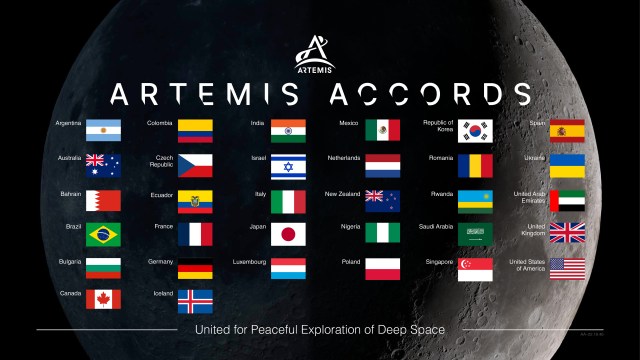This graphic displays the flags of the nations that have signed the Artemis Accords against a background image of the Moon in the blackness of space. The graphic is titled “Artemis Accords.” The words, “United for Peaceful Exploration of Deep Space” appear on the bottom of the image.