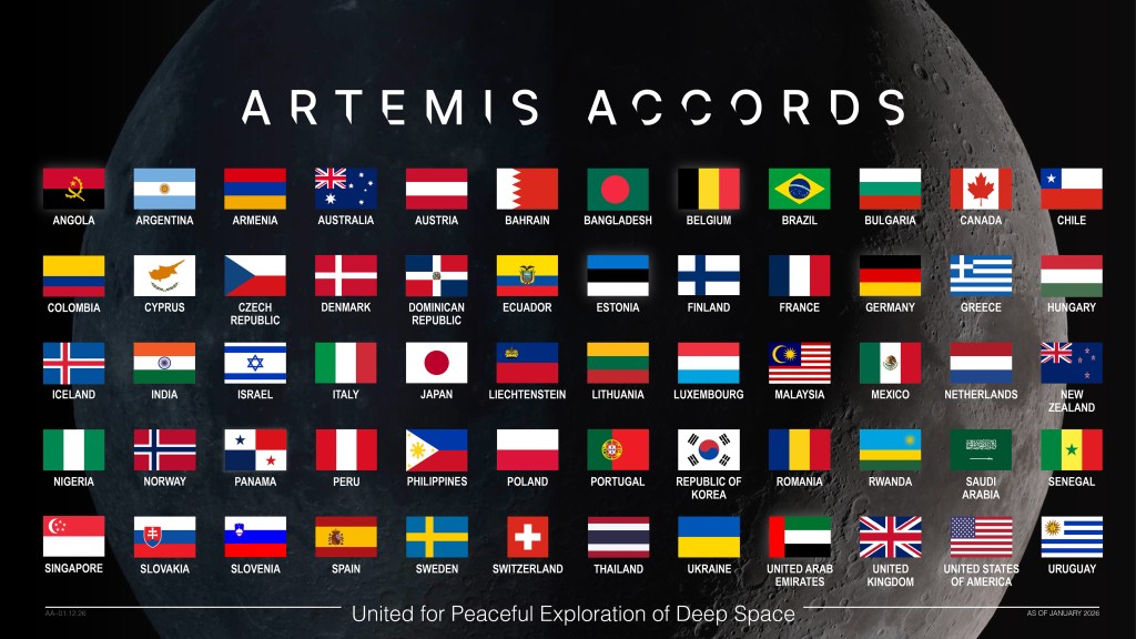 This graphic displays the flags of the nations that have signed the Artemis Accords against a background image of the Moon in the blackness of space. The graphic is titled “Artemis Accords.” The words, “United for Peaceful Exploration of Deep Space” appear on the bottom of the image