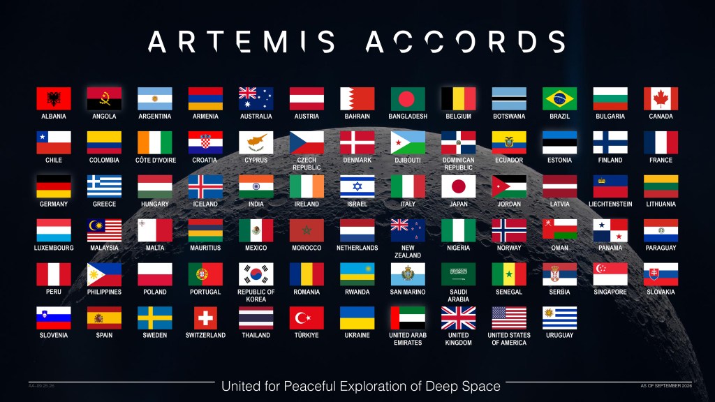 This graphic displays the flags of the nations that have signed the Artemis Accords against a background image of the Moon in the blackness of space. The graphic is titled “Artemis Accords.” The words, “United for Peaceful Exploration of Deep Space” appear on the bottom of the image.