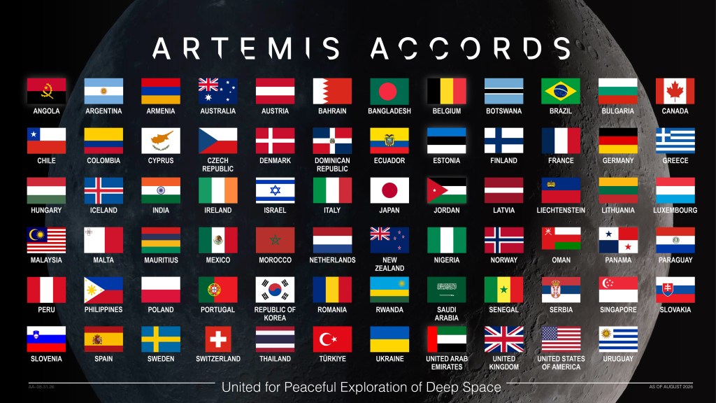 This graphic displays the flags of the nations that have signed the Artemis Accords against a background image of the Moon in the blackness of space. The graphic is titled “Artemis Accords.” The words, “United for Peaceful Exploration of Deep Space” appear on the bottom of the image.