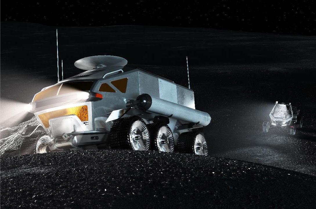 An artist's concept of a pressurized rover on the surface of the Moon.