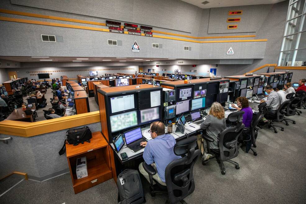 Artemis II launch simulation inside Kennedy Space Center's Firing Room 1