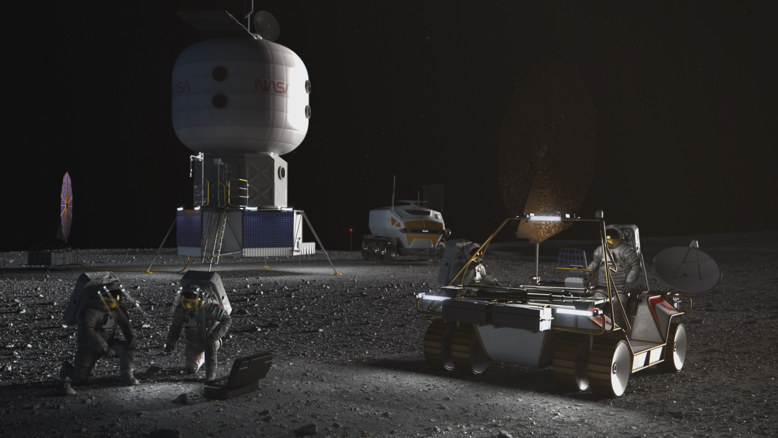 This is a visualization of a lunar base. Astronauts can be seen on the Moon's surface, and a lunar vehicle is parked to their right.