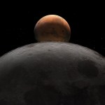 A generated rendition of Earth's Moon just barely glowing in the front of the image as Mars is highlighted behind it.