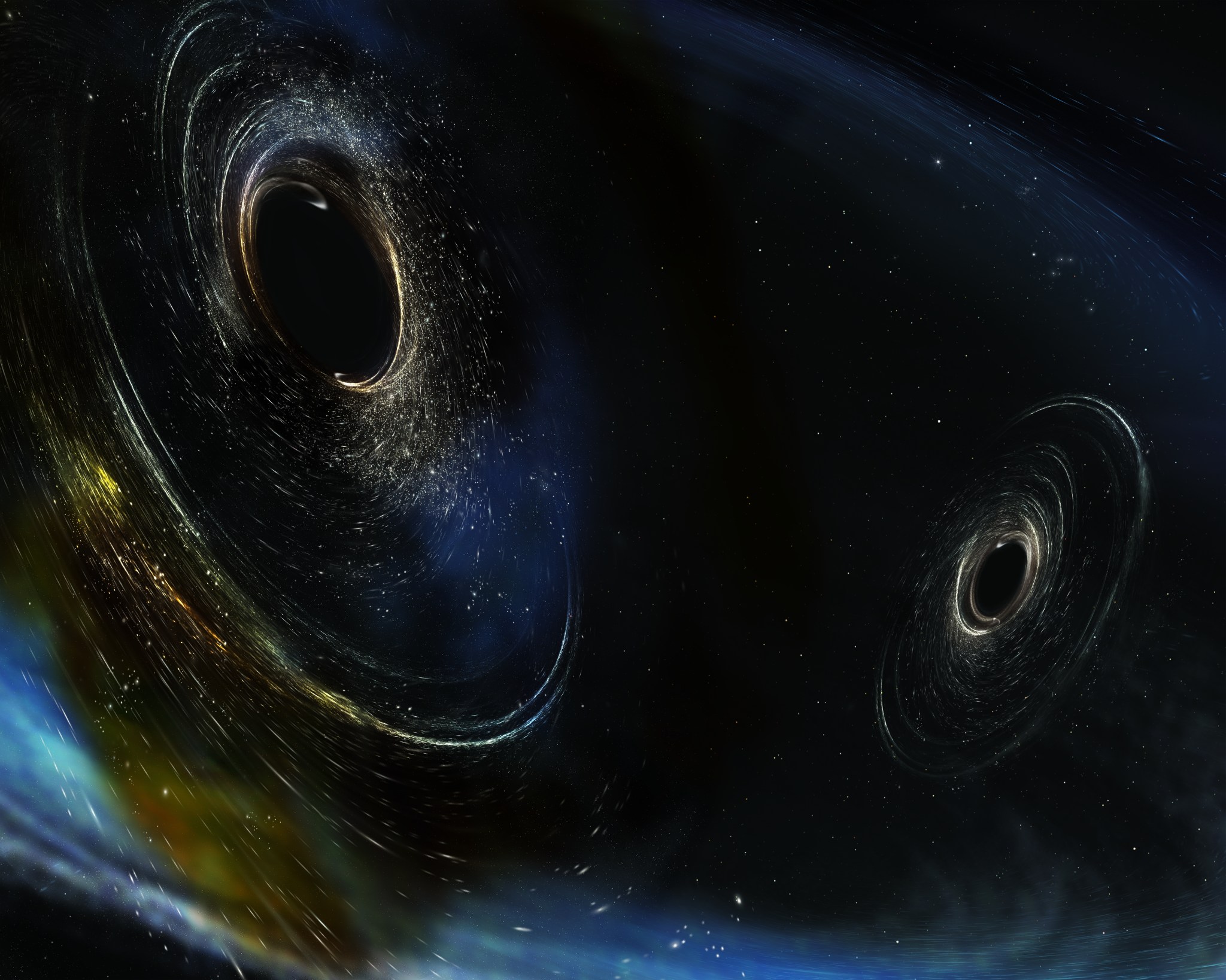 Two merging black holes (upper right and lower left) appear against a starry backdrop. Light arcs suggest their accretion disks.