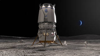 Artists concept of the Blue Moon lander on the lunar surface. Two suited astronauts work in the foreground and the Earth is visible in the background over the lunar horizon.