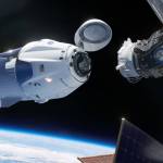 Artist illustration shows the SpaceX Crew Dragon spacecraft docking to the International Space Station
