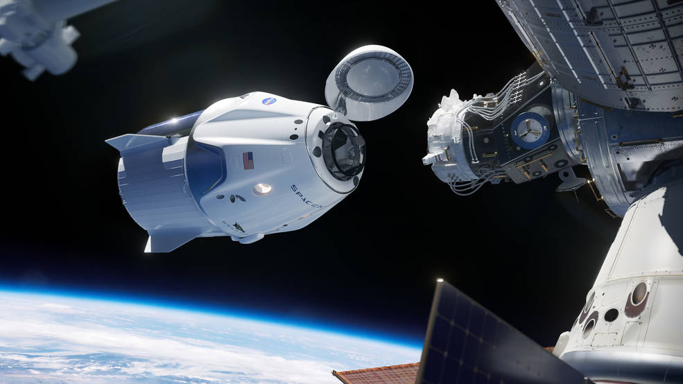 Artist's rendition of the Crew Dragon capsule approaching the ISS