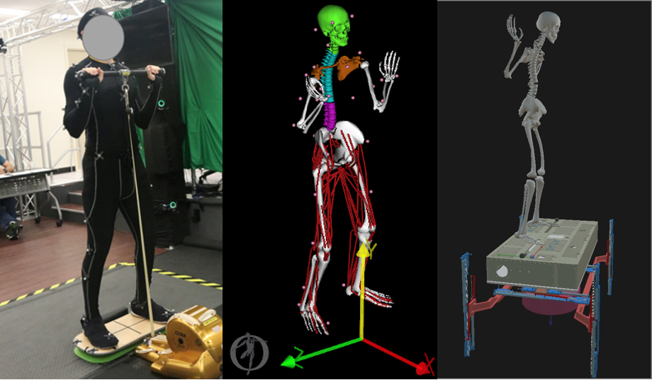 three images of simulating an astronaut's biomechanics