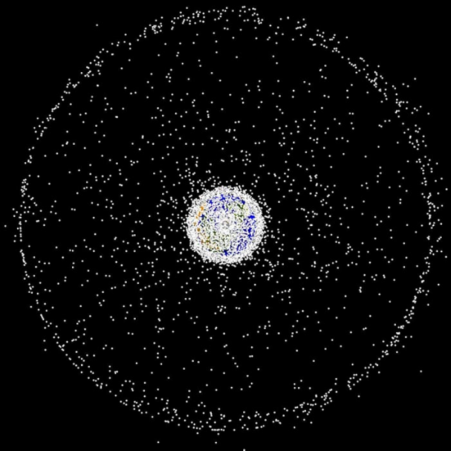 A computer generated image of objects in Earth orbit that are currently being tracked.