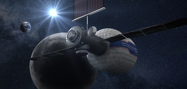 An illustration of a deep space transport vehicle with the moon in the background.