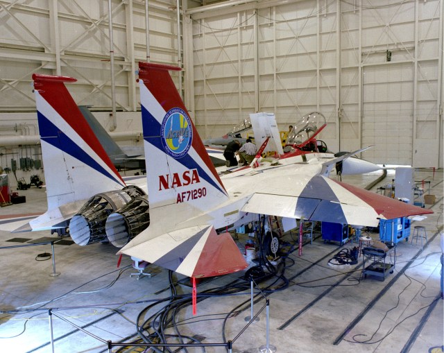 Back view of the F-15 ACTIVE getting maintenance work.