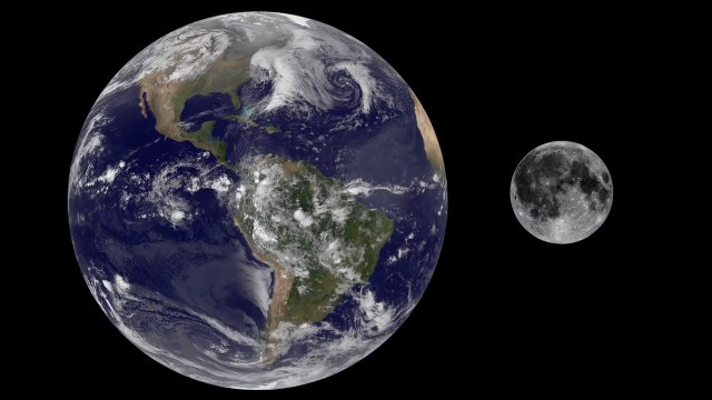 The Earth and moon side by side