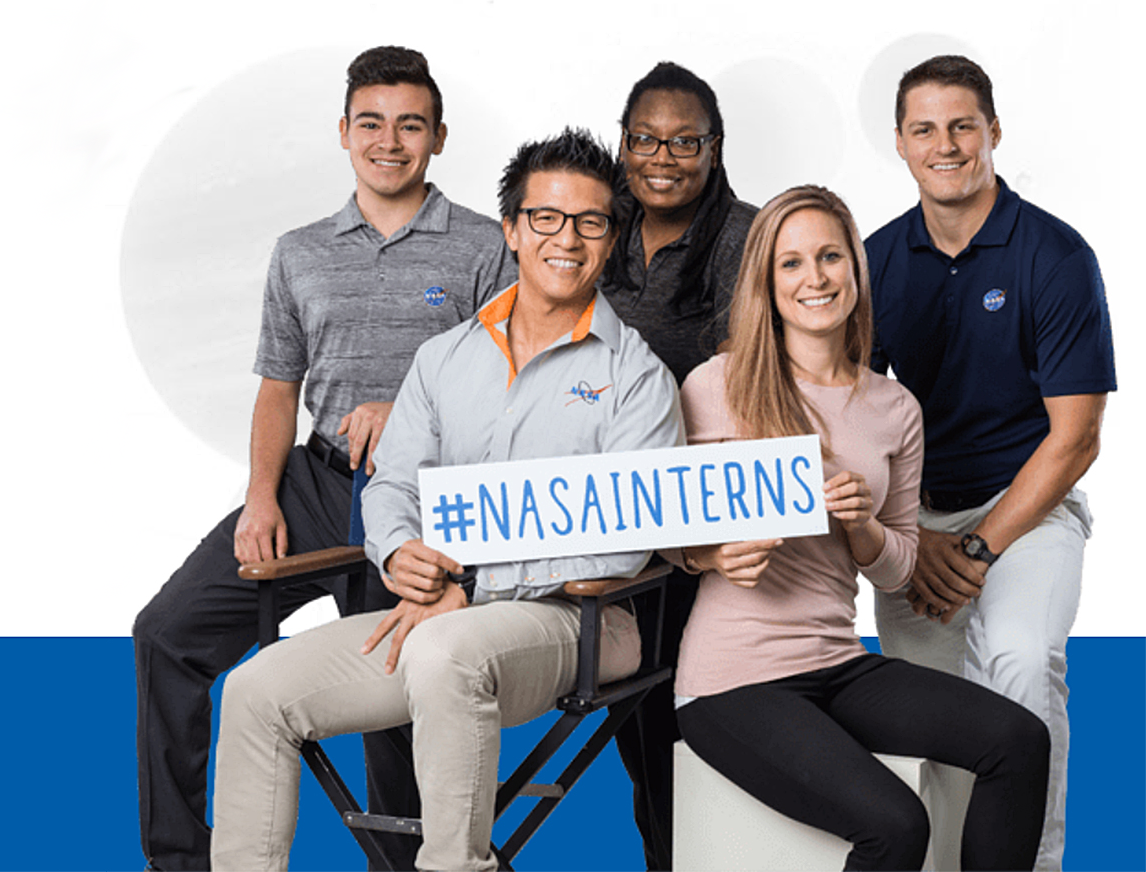 A group of students holding a #NASAINTERNS sign