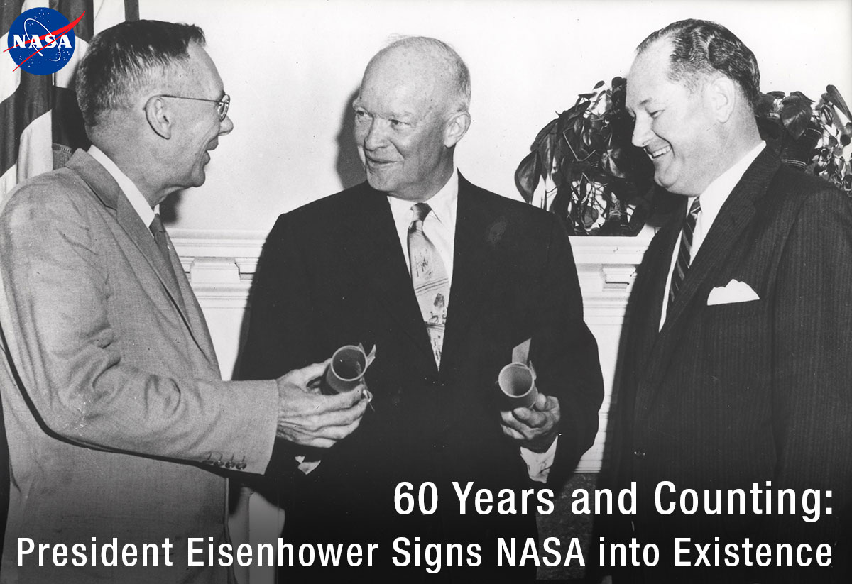 President Dwight D. Eisenhower (center) appoints T. Keith Glennan (right) NASA's first administrator and Hugh L. Dryden its first deputy administrator. Image Credit: NASA