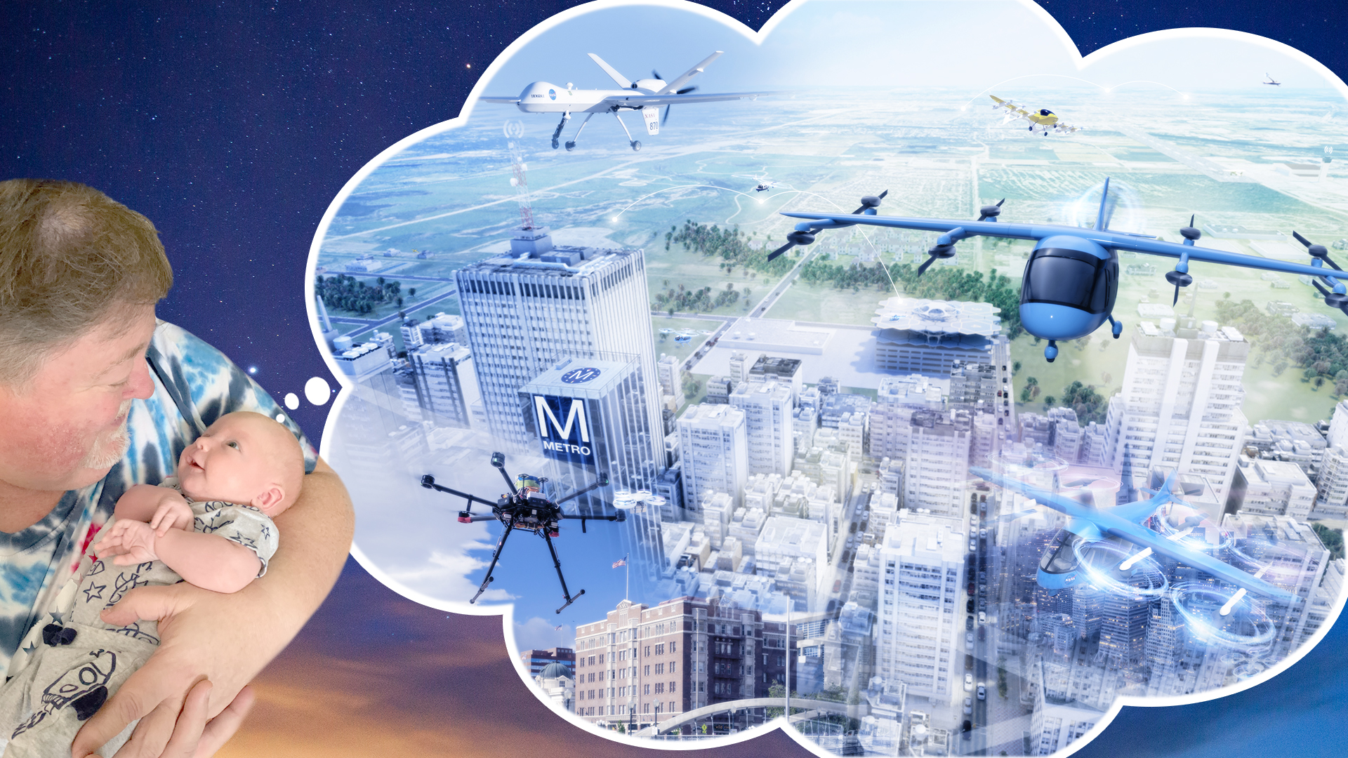 In this graphic a man holds a baby who appears to be thinking about several future aircraft concepts involving air taxis and drones, which are shown in the illustration.