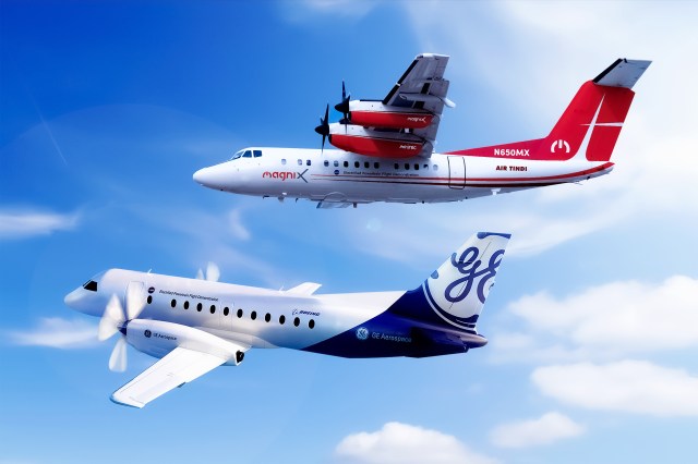 Artist illustration of two airplanes, one with a blue tail and one with a red tail.