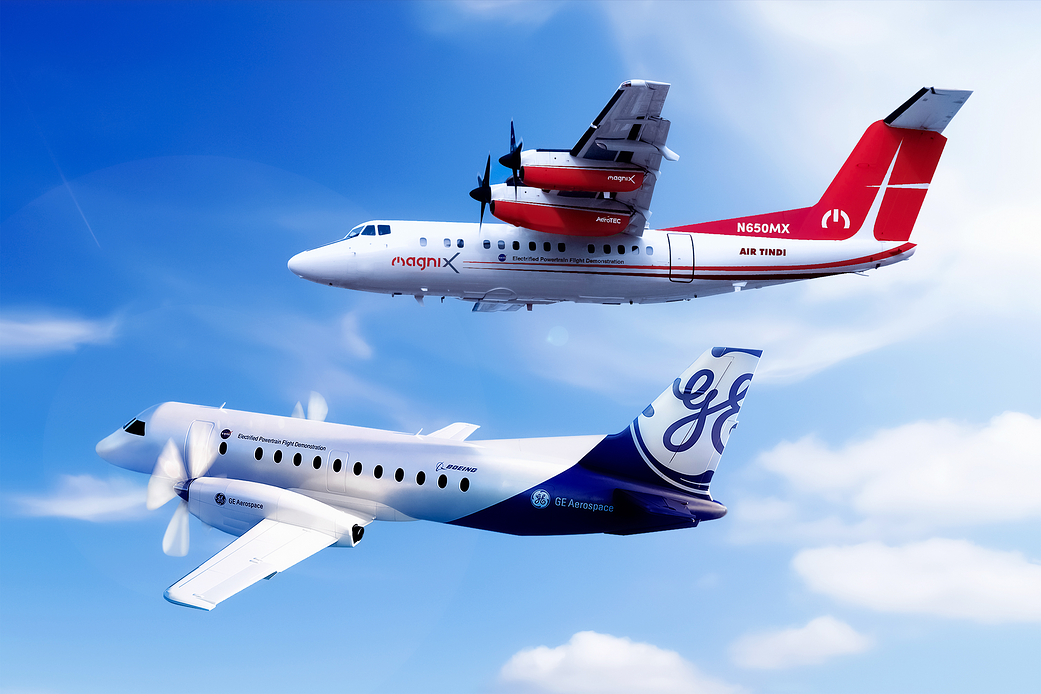 Artist illustration of the GE and magniX aircraft in flight in blue skies with white clouds.