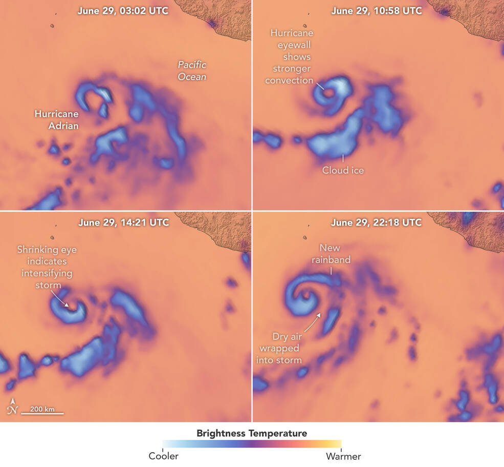 a smaller coverage of cool temperatures indicates weakening convection, especially in the eyewall