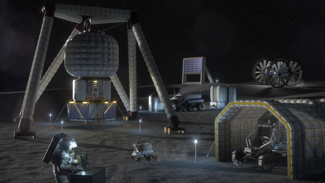 An artist's rendering of a an astronaut working on the surface of the Moon. In the background is a lunar terrain vehicle, a pressurized rover, and a lunar lander.