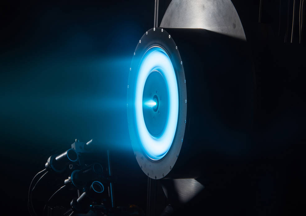 A Hall thruster is tested at Glenn Research Center